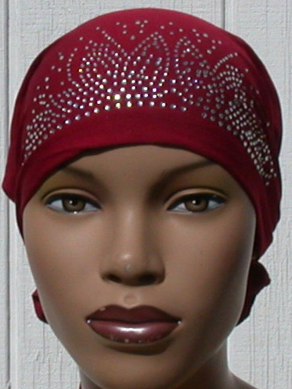 Ruby Red Rhinestone Stretch Turban Slip On Sexy Chemo Cap Arab Hijab Undercap